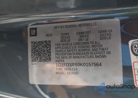 2019 Chevrolet Camaro 2Lt из США, поврежденный, VIN 1G1FD1RS0K0157564